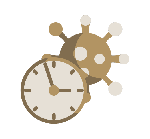 Um relógio com um desenho de um vírus indicando tempo de incubação